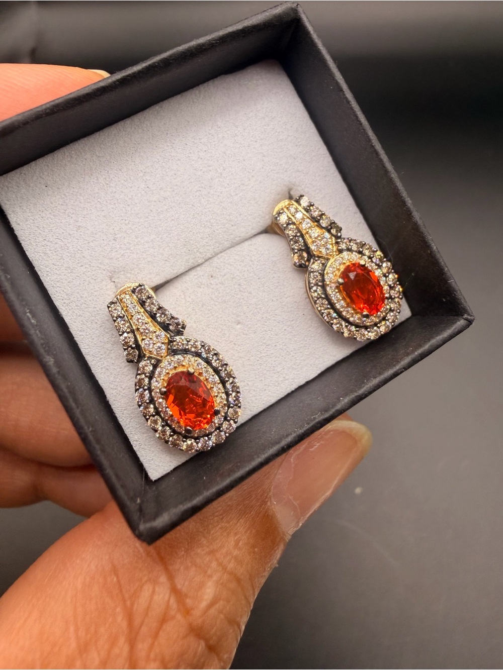 14k Yellow Gold Chocolate White Diamond & Fire Opal Le Vian Earrings.